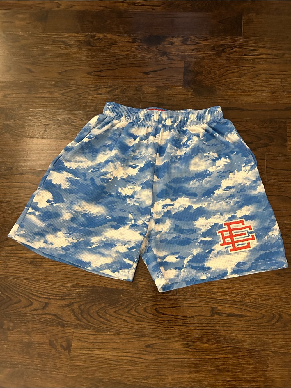 Eric Emanuel Blue and White Cloud-Print Athletic Shorts with Red Logo